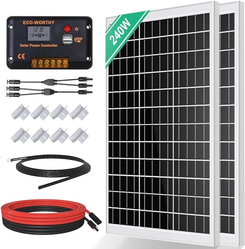 Kit pannello solare 240W ECO-WORTHY per sistemi off-grid – 2×120W + regolatore di carica 30A + LCD + cavo 5 m